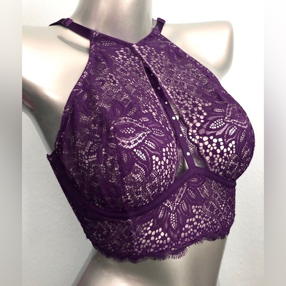NWT Victorias Secret Very Sexy Unlined Plunge Lace Halter Long Line Bra 32D - Picture 1 of 4